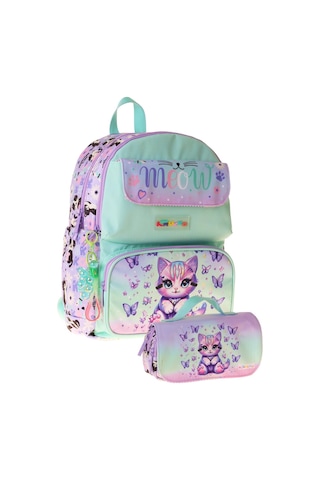 Kaukko Kids Meow Yeşil - Mor Kız Çocuk İlkokul Sırt Çantası Ve Kalem Çantası Seti - Setkk-l5288c Çok Renkli
