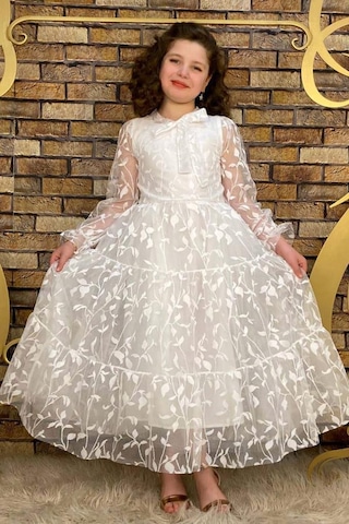 Riccotarz Kız Çocuk Kolları Ve Yakası Şeffaf Tüllü Ve Yaprak Detaylı Beyaz Elbise Beyaz