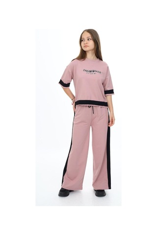 Kız Çocuk %100 Pamuk Oversize Yarım Kol Alt-üst Eşofman Takım-eşt-0017 Pudra