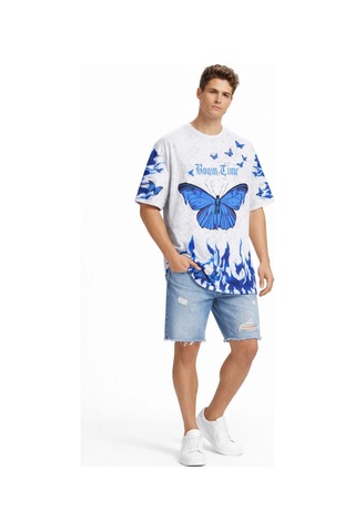 Barlashive Erkek Asit Yıkamalı Oversize Tişört Bisiklet Yaka Kısa Kol T-shirt - Beyaz Çok Renkli