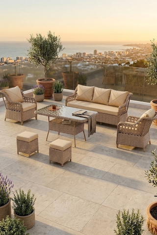 Canisa Anemon Serisi 3+1+1+2 Puf Cappucino Rattan Cappucino Minder Bahçe Balkon Oturma Koltuk Takımı