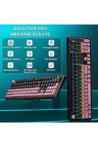 Aula F108 Pro Ekranlı Mekanik Klavye Graywood V3 Switch Rgb Hot Swap 8000mah Makrolu Oyuncu Klavyesi Gradyan Pembe