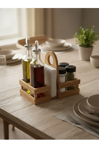 Ahşap Doğal Baharatlık Yağdanlık Ve Peçetelik Takımı Kısa Başlık Set Kiraz 1 Set Ahşap