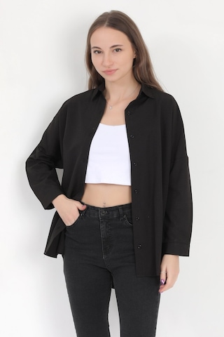 Giysa Kadın Siyah Uzun Kollu Basic Pamuklu Oversize Gömlek - 3900 Siyah