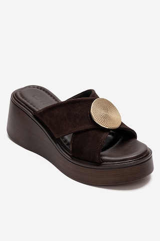 Luvishoes Fıanna Kahverengi Süet Hakiki Deri Tokalı Çapraz Bantlı Kadın Dolgu Topuklu Terlik