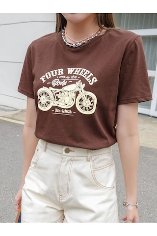 Flood Of Style Kadın Kahverengi Four Baskılı Bisiklet Yaka Tshirt