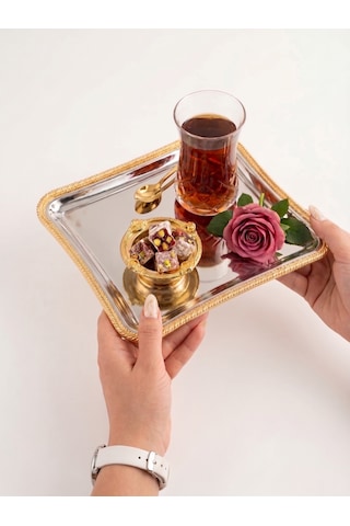 Mina Söz Nişan Ve Kahve Sunum Tepsisi Gold İtalyan Burgu Çerçeveli Ayna Tabanlı Çeyizlik Tepsi Altın - Gold