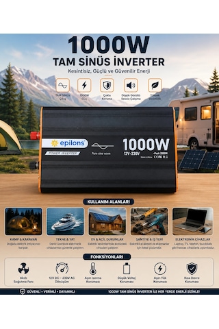 1000w Tam Sinüs İnverter 12v Ac Çevirici Sessiz Fanlı, Usb Çıkışlı, Araç Karavan Tekne Solar Uyumlu Güç İ