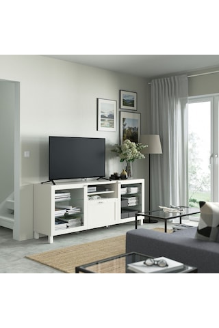 Tv Sehpası, Beyaz-şeffaf Cam, 180x42x74 Cm, Hanvıken/sındvık, Çıt Çıt Raylı Beyaz