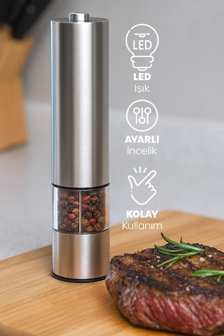 Çelik Led Işıklı Elektronik Baharat Öğütücü Otomatik Tuz Biber Baharat Değirmeni Pille Çalışan 1adet Gri