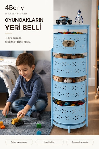 4 Katlı Metal Çok Amaçlı Oyuncak Dolabı Mutfak Sebzelik, Oyuncak, Banyo Ve Ev Organizeri Mavi