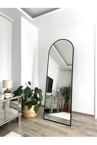 Effe Siyah Metal Çerçeveli Ayaklı Oval Boy Aynası 180x60 Cm
