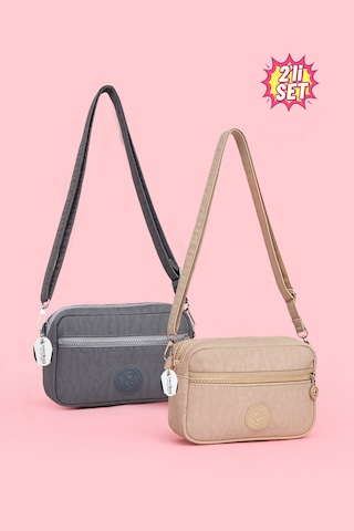 Westbag Kadın Çapraz Askılı Üç Gözlü Fermuarlı Krinkıl Günlük Omuz Çantası 2'li Set Bej - Gri
