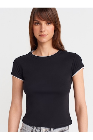 Dilvin 31750 Kontrast Kısa Kollu Tshirt-siyah Siyah