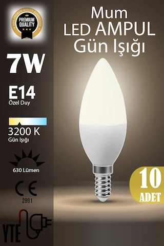 10 Adet Kaliteli Gün Işığı 7w Mum Led Ampul E14 Duy