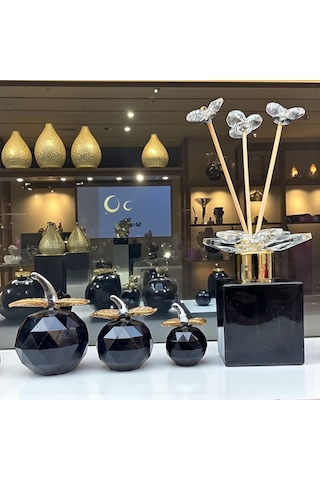 Dekoratif Kristal 7 Parça Set Üçlü Elma Ve Koku Şişesi Siyah Gold 01