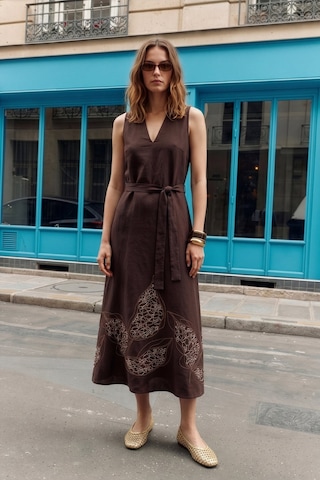 Sateen Nakışlı Kolsuz Elbise - Koyu Kahve-137492 Koyu Kahverengi