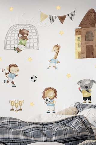 Futbol Oynayan Sevimli Hayvanlar Çocuk Bebek Odası Duvar Cam Sticker Seti