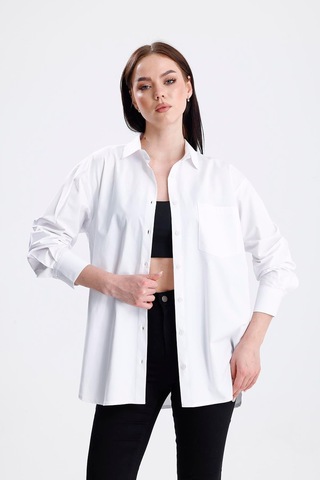 Sweetness Kadın Beyaz Oversize Likralı Pamuklu Cepli Uzun Kol Gömlek Beyaz