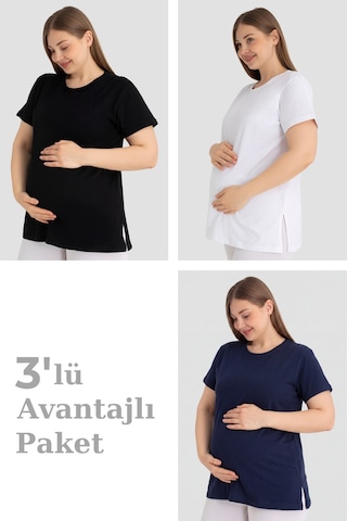 Arma Yıldız Pamuklu Kısa Kollu Hamile Tişört 3'lü Paket Yumuşak ve Rahat Hamile Giyim Beyaz - Lacivert - Siyah