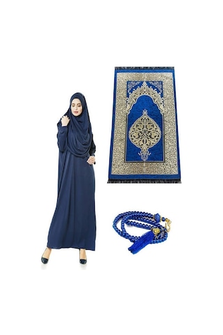 Tek Parça Namaz Elbisesi - Seccade - Tesbih - İbadet Seti - Lacivert