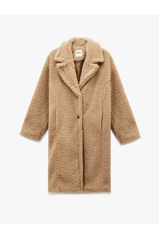 Koton Koton X Sibil Çetinkaya - Oversize Peluş Kaban Cepli Düğmeli Uzun Kollu Deve Tüyü 6wak00066ew Taba
