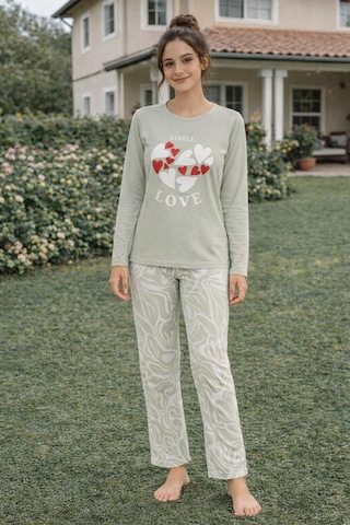 Rindahomewear Kadın Love Baskılı Süprem Uzun Kol Pijama Takımı Haki