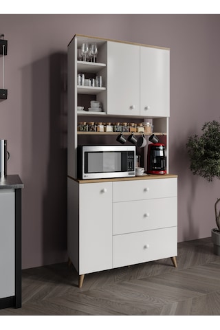 Stella Kahve Köşesi Dolabı Beyaz-meşe 90cm, Erzak Dolabı, Kiler Dolabı