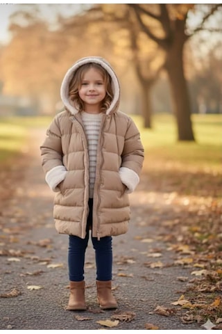 Boutiguestyles Kız Çocuk Şişme Mont Kürklü Açık Kahve Sedefli Işıltılı Çıkarılabilir Kapüşonlu Fermuarlı Kahverengi