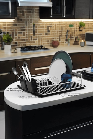 Tek Katlı Beyaz Bulaşıklık Dayanıklı Paslanmaz Termoplastik Kaplama Bulaşık Sepeti, Tepsili, Tabak Ve Kaşık Kurutmalık Beyaz - Siyah