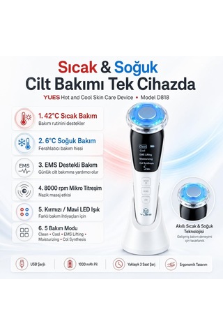 Hot & Cool Ems Cilt Bakım Cihazı, Sıcak Soğuk Yüz Masaj Aleti, Led Işık Destekli, Mikro Titreşimli, Şarjlı Yüz Bakım Cihazı, Temizleme, Nemlendirme Ve Bakım Modları, Model D818