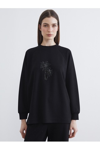 Lcw Modest Siyah Bisiklet Yaka Boncuk İşlemeli Kadın Sweatshirt Tunik