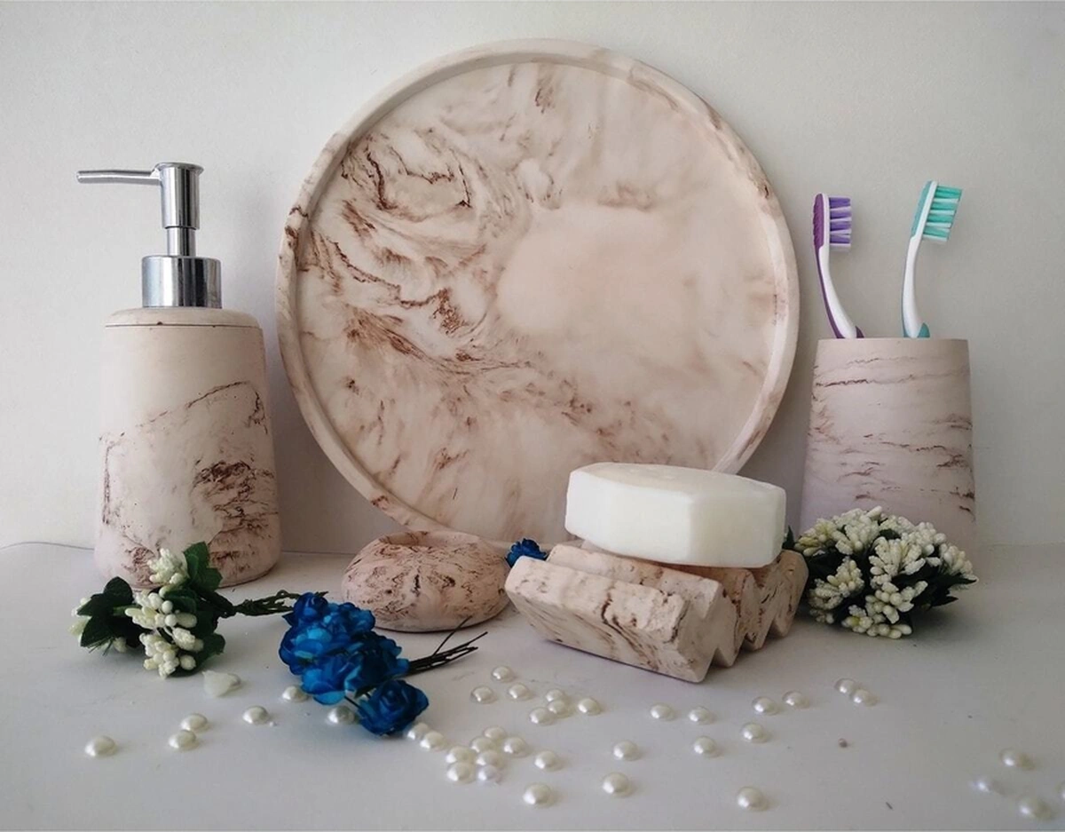Marble Bej Serisi Banyo Seti, Sıvı Sabunluk Diş Fırçalığı Beton Aksesuar Takımı Bej