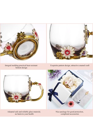 Padalink Kahve Rengi Porselen Çiçek Desenli 320ml Cam Bardak + Kaşık + Temizleme Bezi Seti, Isı Dayanıklı, Çay/kahve İçin, Dekoratif lik Paket Kahve