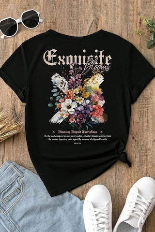 Spoyi Exquisite Bloom Tasarımlı %100 Pamuk Yarım Oversize Siyah T-mhirt