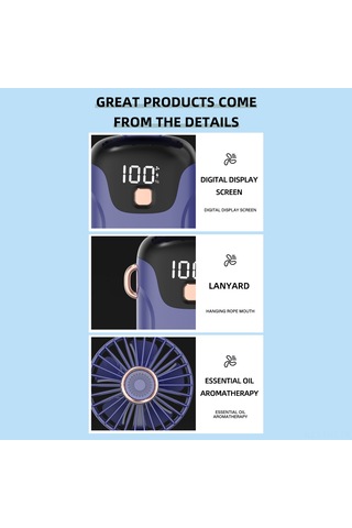 Hangfox Mavi Elden Taşınabilir Katlanabilir Fan - 5 Seviye Rüzgar, Led Ekran, Pil Göstergesi, Telefon Tutucu, Düşük Gürültü