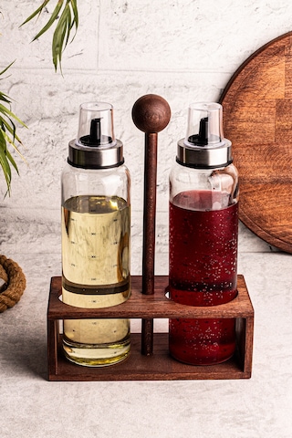 Boily - Ahşap Stantlı 2'li 500 ml Borosilikat Zeytinyağı Sıvıyağ Şişesi Yağdanlık Yağlık