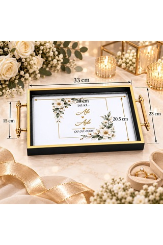Bk Gift Kişiye Özel Siyah&gold Söz Nişan Tepsisi-4 - 39x23 Cm Çok Renkli