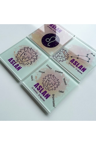 Decorita Cam Bardak Altlığı Burçlar - Aslan Burcu 4'lü Takım Çok Renkli