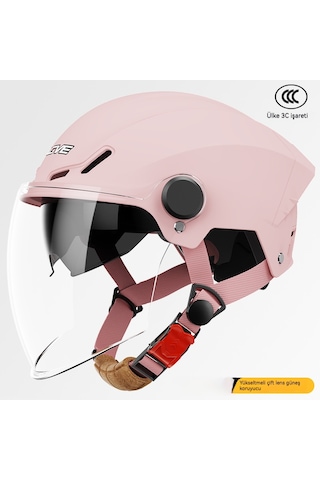 Elektrikli Akü Motosiklet Kask Güneş Koruyucu Yarı Kask Sürüş Kaskı Erkek Bayan Yaz 3c Sertifikası Kırmızı - Pembe