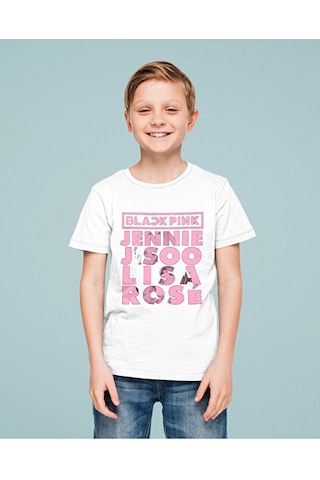 Sevbano Blackpink Müzik Grubu Baskılı Unisex Çocuk Tişört 1-12 Yaş Beyaz
