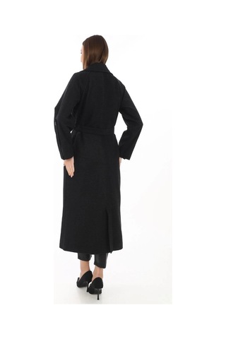 Kadın Uzun Kaşe Kaban Yünlü Dokuma Kaşmir Kumaş, Kruvaze Yaka, Kuşaklı Astarlı Tesettür Uyumlu Şık Siyah