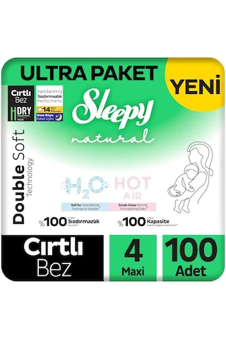 Sleepy Natural Double Soft Ultra Paket Bebek Bezi 4 Numara Maxi 100 Adet