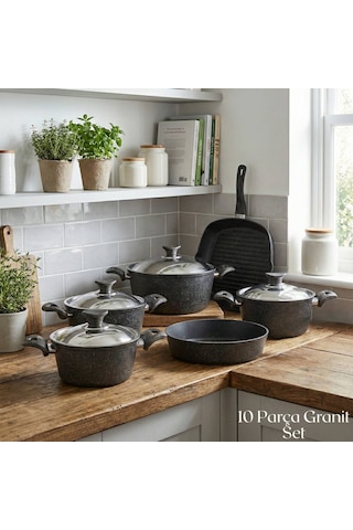 10 Parça Granit Set Çelik Kapak - Siyah Siyah