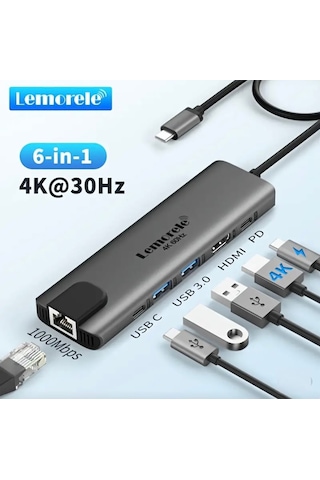 Lemorele 6'nın 1'i Type-c Pd 100w/ Hdmı 4k/rj45 1000mbps./usb 3.0 Hub Çoklayıcı Çoğaltıcı Adaptör Ce Lisanslı