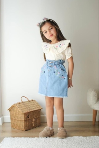 Çiçek Nakış İşlemeli Kot Etekli Kız Çocuk Takım Mavi