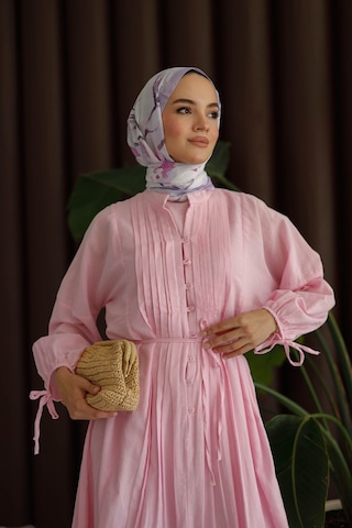 Moonsc Kadın Regular Fit Nervürlü Pamuklu Astarlı Keten Pembe Tesettür Elbise