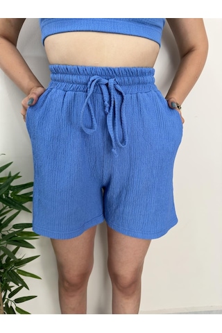 Simli Moda Yüksek Bel Bürümcük Kumaş Mavi Şort Mavi