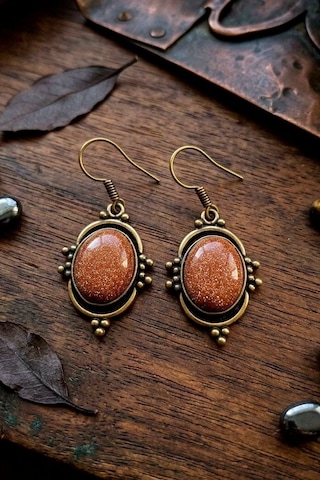 Vintage Tasarım Bronz Çerçeveli Yıldız Taşı Goldstone Kadın Küpe