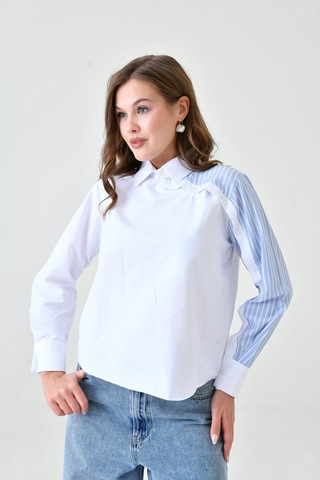 Kadın Özel Tasarım Yaka Kol Düğmeli Çizgi Garnili Tesettüre Uygun Bluz Gömlek Beyaz